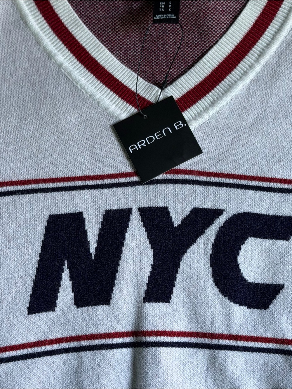 Arden B White V-Neck Sweater with Red & Navy NYC Knit